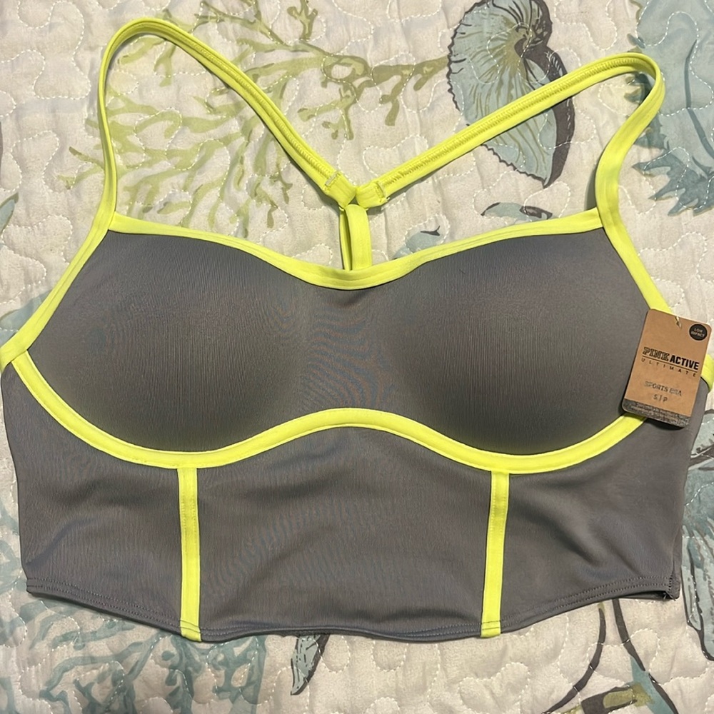 Low Impact gray push up Pink Active quick dry sports bra with neon piping